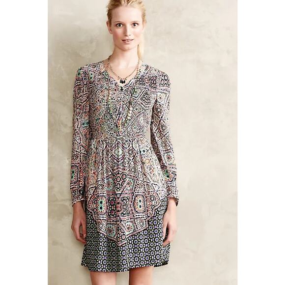 Anthropologie Tiled Amethyst Long Sleeve Geometric Smocked Mini A Line Dress S - Picture 1 of 6